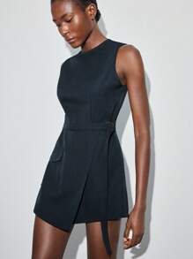 Maija Plain Navy Blue Short Jumpsuit With Classic Round Neck And Modern Casual Style Dark Blue Dress Mini Dress Sleeveless Dress - Navy Blue - View 2