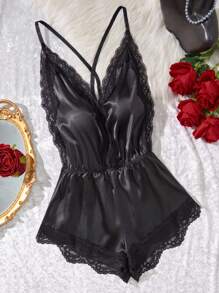 SHEIN 1 件黑色蕾丝拼接深 V 露背交叉肩带性感女式内衣连体裤套装 - 黑色 - 查看 3