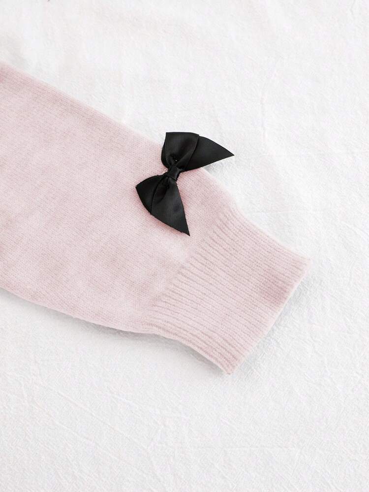 Cozy Pixies 年轻女孩撞色 3D 蝴蝶结圆领蝙蝠袖长袖套头衫，适合秋冬季 - 粉色 - 查看 6