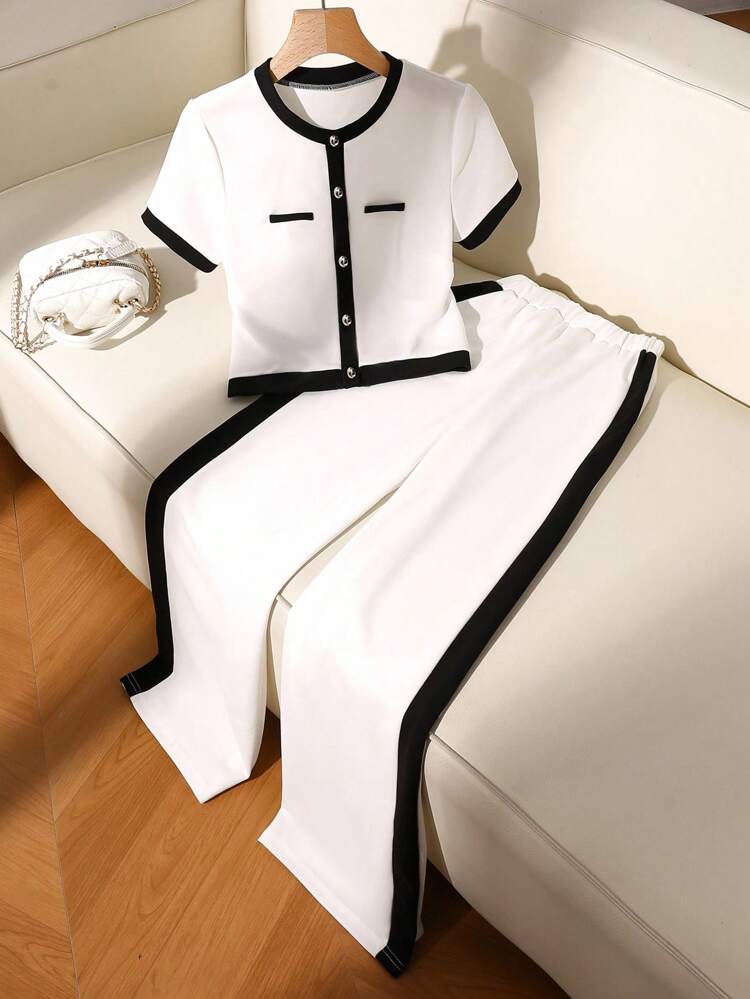 2pcs Women Elegant Set: Contrast Trim Front Button Short Sleeve Top And Long Pants Lounge Sets For Women Sets 2 Pieces Women Matching Sets Women Outfit Sets Women Teacher Outfits For Women Back To School Clothes Airport Outfit For Women Going Out Outfits Office Outfits For Women