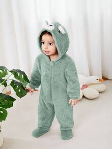新生儿男女通用毛绒熊耳动物连帽拉链连体衣，秋冬季款 - 綠色 - 查看 2