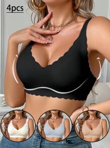 SHEIN Women's Seamless Polyamide Push Up Bralette 4-Pack With Scalloped Edge, Comfortable Wireless Everyday Casual Bras. - Multicolor - View 3