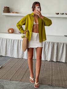 EURMUSE Blouse en lin vert olive pour les vacances d'été