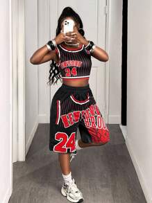 BamGleam 女式夏季字母条纹短款上衣和短裤两件套，休闲 - 黑色 - 查看 5