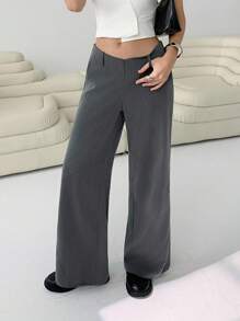 SHEIN EZwear 女士纯色宽腿宽松休闲通勤裤 - 灰色 - 查看 1