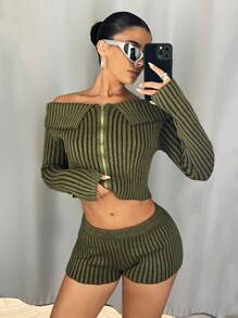 SHEIN ICON Bộ 2 áo len kẻ sọc một bên vai dài tay có khóa kéo phía trước và quần short dệt kim thời trang thu cho nữ - màu xanh lá - Xem 4