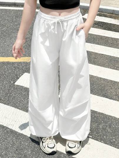 SHEIN Tween 女童纯色抽绳腰口袋阔腿宽松褶皱休闲裤，春夏