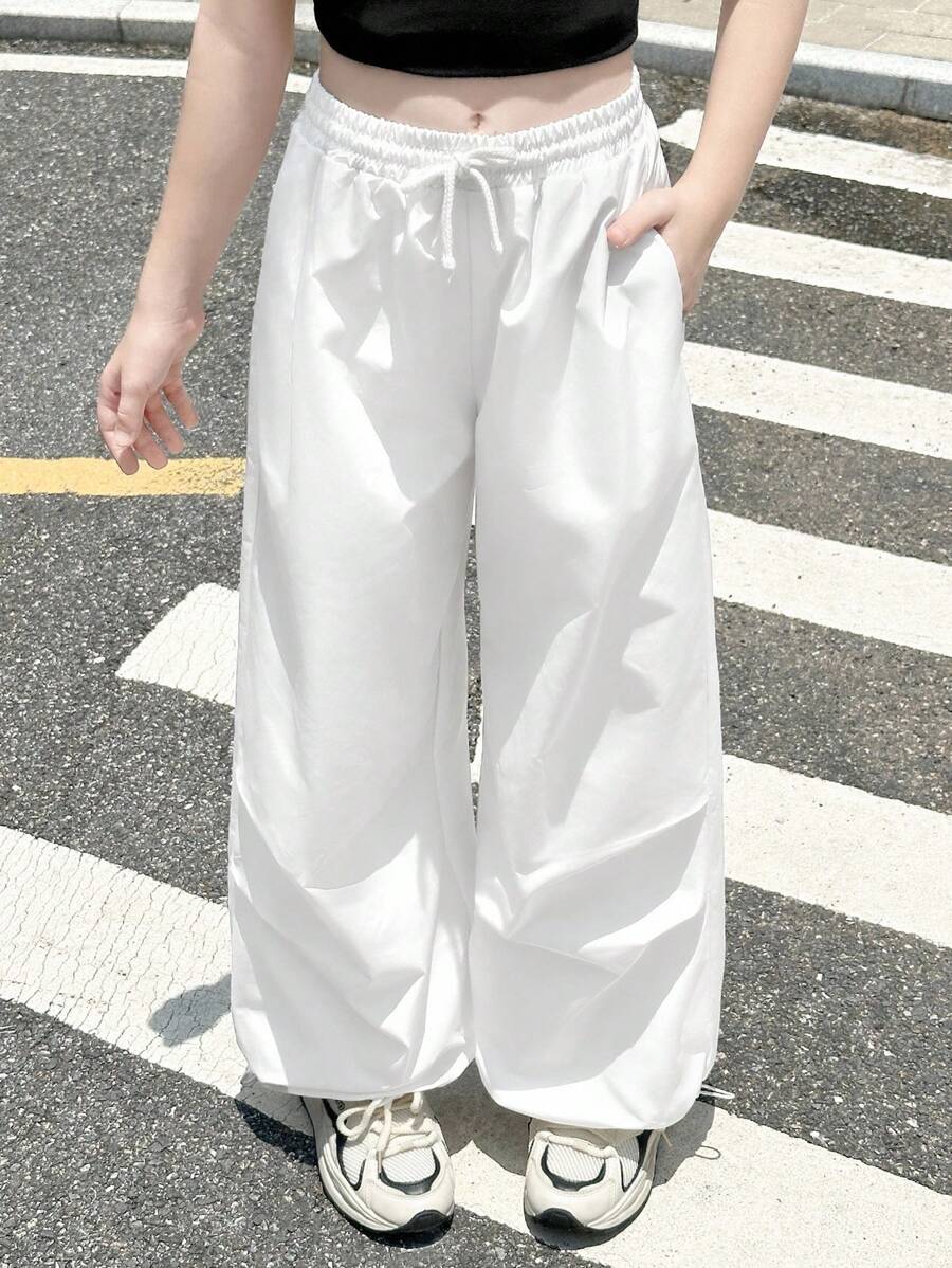 SHEIN Tween 女童纯色抽绳腰口袋阔腿宽松褶皱休闲裤，春夏 - 白色 - 查看 1