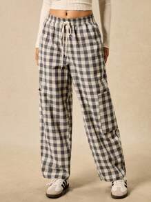 Easelle Casual Retro Plaid Loose Pocket Elastic Waist Women's Pants Gingham Pants Checkered Pants Plaid Pants Women Pants Loungewear Pants