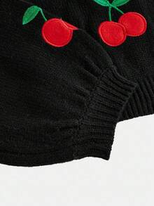 SHEIN Girlism Teen Girls Black & Red Cute Cherry Fruit Embroidery Pattern Versatile Knitted Cardigan Sweater Jacket,In Fall/Winter