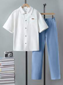 SHEIN 2 件套青少年男孩绅士装 - 白色修身短袖衬衫 + 卡其色长裤，绅士西装套装，商务优雅，学校，生日派对，日常休闲，婚礼，婚礼嘉宾，花童，戒指男孩 - 霧霾藍 - 查看 9