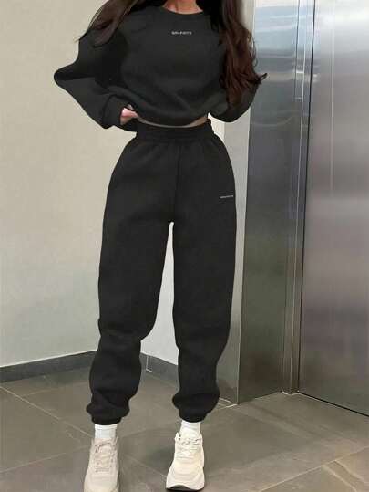 INAWLY Conjunto de moletom e calça de moletom feminino casual com estampa de letras, 2 peças, outono/inverno