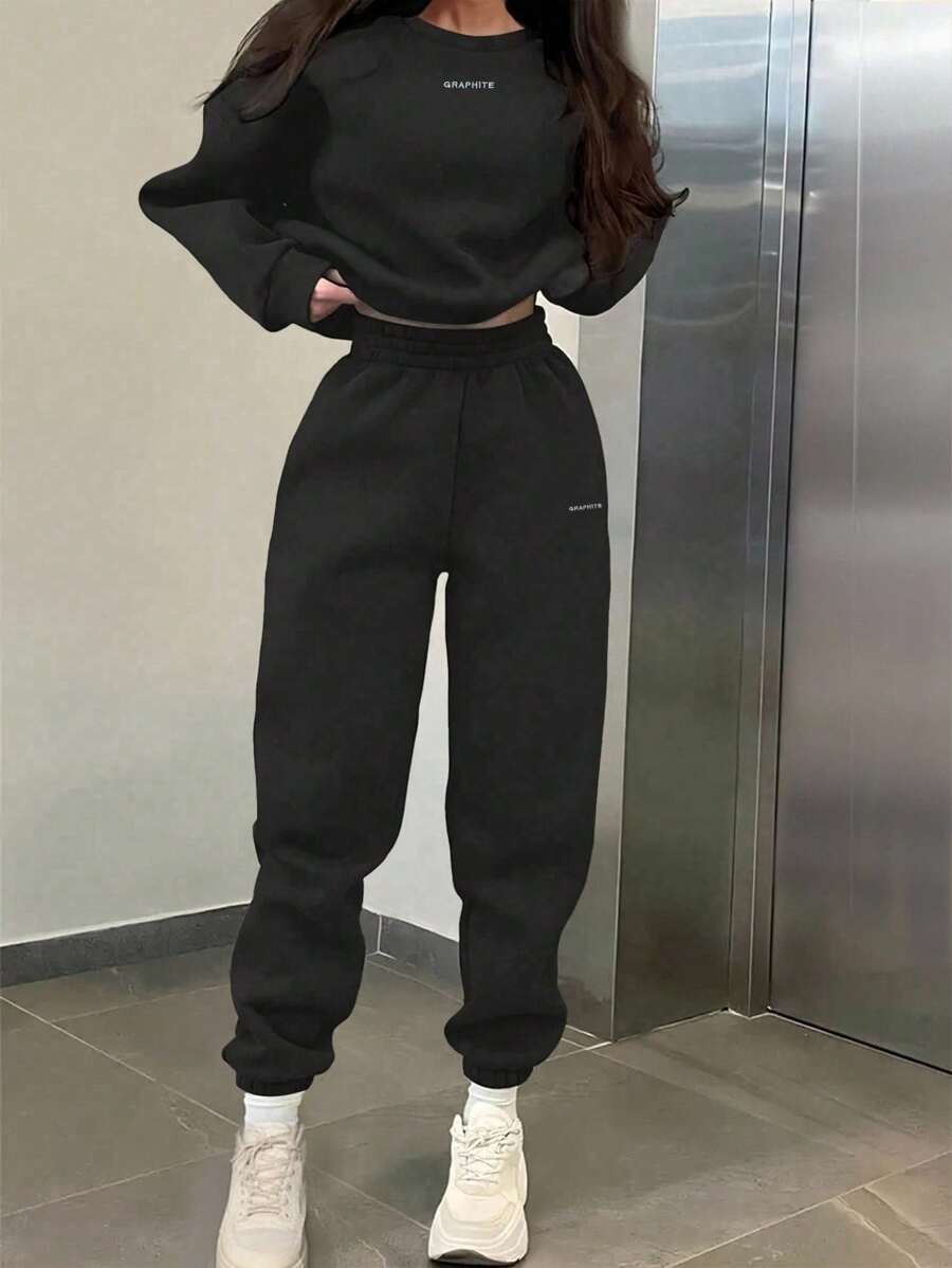 INAWLY 2 件套女士休闲字母印花运动衫和运动裤套装，秋冬 - 黑色 - 查看 1