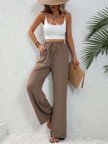 SHEIN Tall Women Khaki Casual Elastic Waist Drawstring Relaxed Straight Leg Pants Fall Cloth For Women - Khaki - View 6