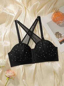 SHEIN Black Fantasy Women's Push Up Bralette With Criss Cross Halter Design, Sparkling Rhinestone Embellishments, And Backless Appeal. - Black - View 6