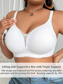 SHEIN Fashionable Minimalist Solid Color Comfy Seamless Lace Patchwork Wireless Wide Strap Pullover Ruffle Trim Thin Padded Plus Size Women Bra - White - View 1