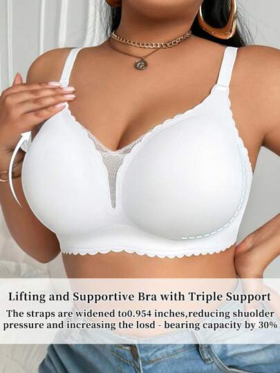 SHEIN Sujetador de mujer de talla grande con relleno suave, sin costuras, de color liso cómodo, con encaje en parches, tirantes anchos, volantes y diseño minimalista y elegante