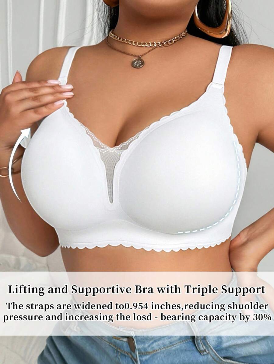 SHEIN Fashionable Minimalist Solid Color Comfy Seamless Lace Patchwork Wireless Wide Strap Pullover Ruffle Trim Thin Padded Plus Size Women Bra - White - View 1
