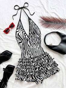 Soleia 女式复古多色斑马纹拼布黑色 V 领露背豹纹荷叶边装饰连体衣，波西米亚风，波西米亚风，浪漫花卉，度假风，花卉