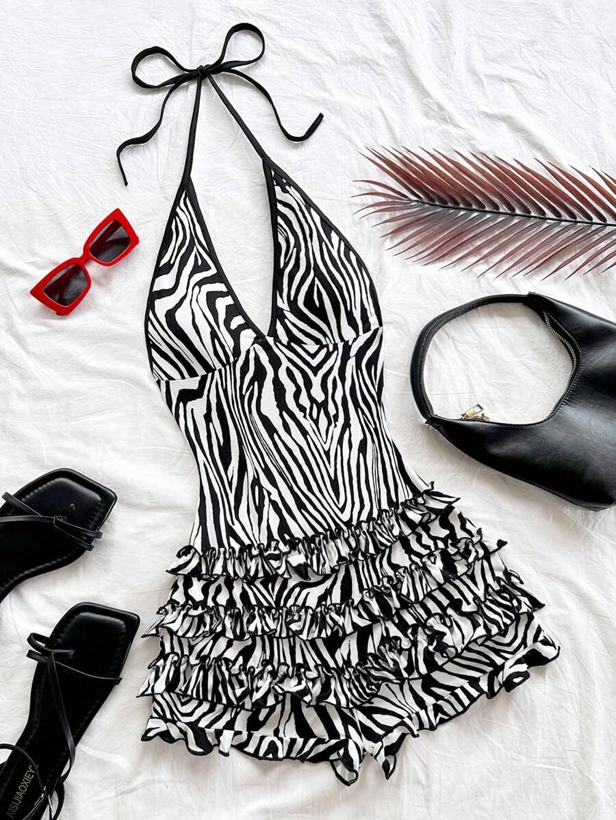 Soleia 女式复古多色斑马纹拼布黑色 V 领露背豹纹荷叶边装饰连体衣，波西米亚风，波西米亚风，浪漫花卉，度假风，花卉