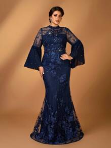 Serin Plus Size Elegant Navy Blue Minimalist Stand Collar Sequins Embellished Chiffon Mesh Splice Long Sleeve Sparkly Crystal Mermaid Hem Blouse, Bridal Mother Outfit - Navy Blue - View 7