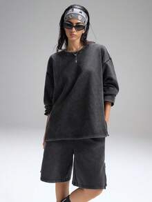 LYSMO 2025 新款极简主义秋冬两件套女士休闲宽松纯色落肩上衣和短裤套装女士短套装两件套女士短套装女士两件套亚麻套装女士亚麻短套装女士骑行短裤套装适合外出装、街头装和斯德哥尔摩风格万圣节服装哥特式服装 - 黑色 - 查看 3