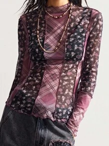 Bohemela 女式格子拼布和碎花长袖上衣 - 藏蓝色 - 查看 5