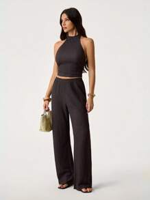 SHEIN Tall 2pcs/Set Women Vacation Casual Solid Color Backless Tank Top And Long Pants