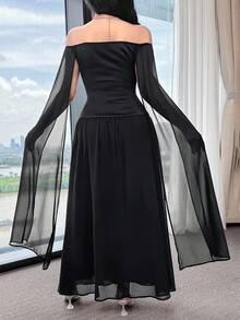Modelyn Women's Elegant Slim Fit Waist Cutout Off-Shoulder Long Dress - Black - View 3