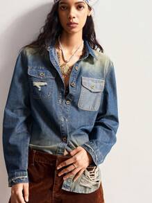 Bohemela 波西米亚风做旧牛仔夹克，适合音乐节、万圣节、秋冬季外套穿着，女士秋季夹克 - 藍色 - 查看 4