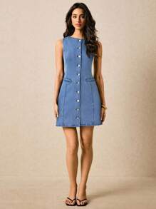 Poéselle 女式休闲前扣无袖牛仔连衣裙，夏季 - 淺色水洗藍 - 查看 3