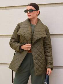 CLARA VERO Women Solid Color Padded Style Belted And Pocket Detailed Winter Coats - Khaki - View 4