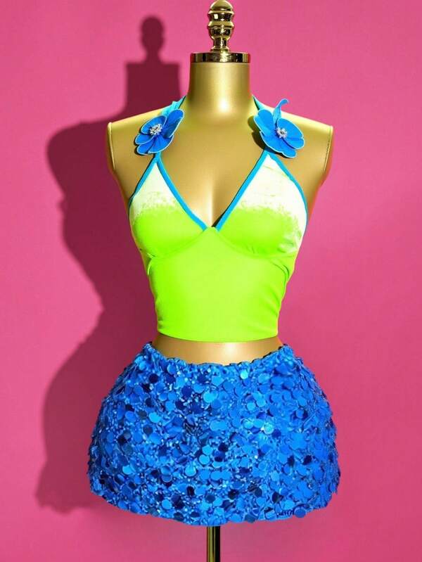 Slaydiva 2025 New Summer Floral Velvet Accent Camisole Top & Beaded Skirt 2 Pieces Set, Suitable For Music Festivals, Pool Parties, Beach, Vacation, Influencer Favorite, Lightweight, Sweet, Sexy, Cute, Streetwear, Rave Outfit