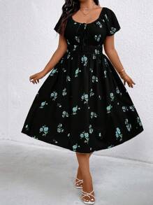 Flirla Plus Size Women Floral Print Drawstring Elastic Waist Dress - Black - View 5