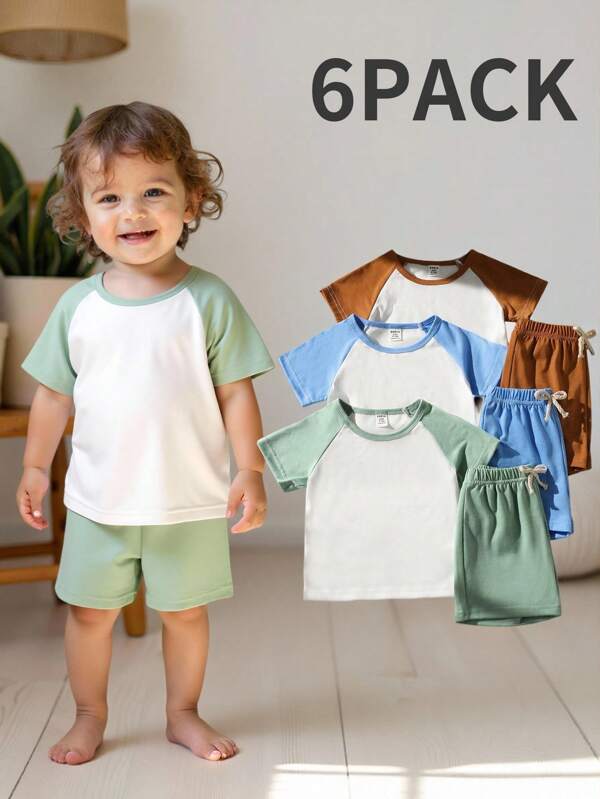 SHEIN Set de 6 tricouri și pantaloni scurți sport pentru sugari și copii mici, cu mânecă raglan în culori contrastante, guler rotund, mânecă scurtă, potrivit pentru nevoile unisex ale copiilor mici de vară (maro, verde fasole, albastru deschis, alb)