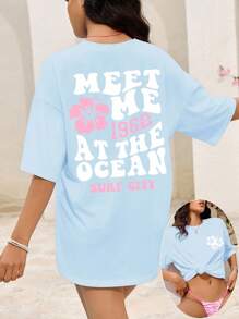 INAWLY 女士夏季短袖休闲海滩花卉印花超大 T 恤，MEET ME 1962 AT THE OCEAN SURF CITY 图案 T 恤女式上衣 - 藍色 - 查看 1