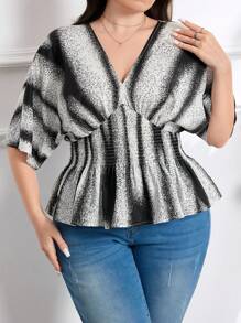 Modelyn Plus Size Women Striped Batwing Sleeve Shirred Waist Ruffle Hem Fashion Blouse - Multicolor - View 4