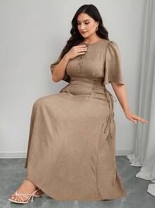 Modelyn Vestido elegante de talla grande para mujer de unicolor, con botones, media pechera, manga corta y cintura con lazo