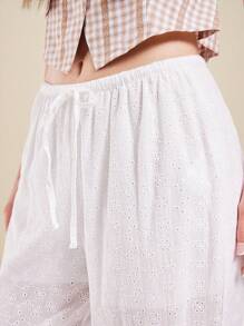 WESTFADE Pantalón ancho de verano de pierna suelta con cintura con cordón y tela de algodón 100% con bordado de flores, para vacaciones del 4 de julio - Blanco - Ver 2