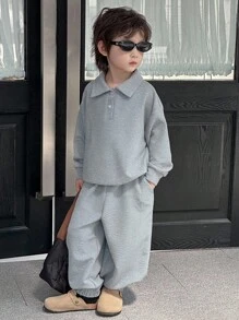 DAZY 2 件套儿童男童休闲 Polo 领运动衫和运动裤套装，宽松华夫格面料，秋季