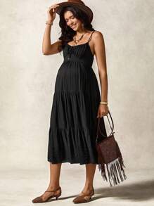 Boho Mama Pregnant Women Vacation Casual Solid Color Spaghetti Strap Dress - Black - View 7