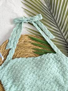 SHEIN Tween 女童提花针织方领蝴蝶结前背心 - 薄荷藍 - 查看 5