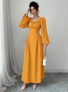Modelyn Women's Elegant Long Dress With Square Neck, Lantern Sleeves, Pleats, And Back Tie, Solid Color, For Autumn Maxi Women Outfit Long Evening Dresses