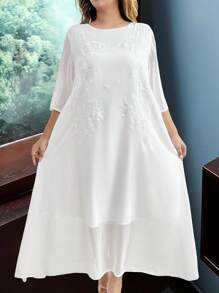 EMERY ROSE Vestido de talla grande para mujer de gasa, cuello redondo, manga 3/4, versión suelta de 2 en 1 con bordado, de largo medio - Blanco - Ver 6