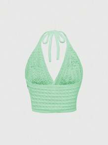 ROMWE Áo ba lỗ cổ yếm thêu hoa dễ thương, phong cách kỳ nghỉ - Màu xanh Bạc hà - Xem 2