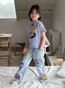 SHEIN Explorewe Denimly Girls Casual Daily Urban Street Cute Graphic Decorative Distressed Design Simple Versatile Jeans - Medium Wash - View 3