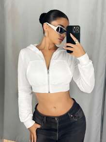 Sweetina Women Sexy Crop Hooded Zip-Up Sweatshirt, Spring/Autumn Casual Long Sleeve Hooded Sweatshirt With Pockets