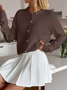 EURMUSE Women's Plain Drop Shoulder Long Sleeve Single Breasted Casual Knit Cardigan - Brown - View 4