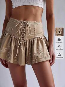 Wildy Fairycore Vintage Grunge Rave Cute Skirt Y2k Country Concert Ruffled Skorts Women Solid Color Embroidery Lace Up Elegant Skirt, Summer