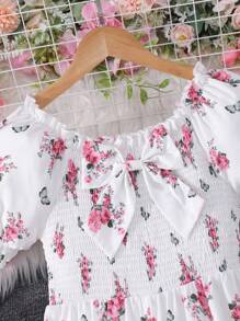 SHEIN Tween Girls' All Over Print Ruffled Collar Puff Sleeve Jumpsuit, Holiday Vibe For Summer - Pink - View 4